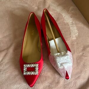J. Crew Red Satin Heels with Pearl Accent